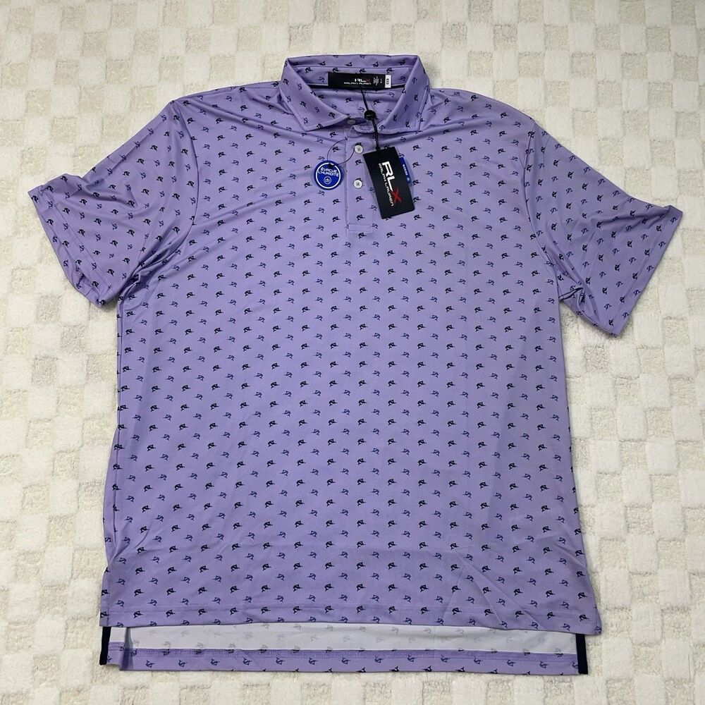 RLX Ralph Lauren Golf Polo Shirt Large Marlin Print Stretch Performance Purple - Picture 1 of 7